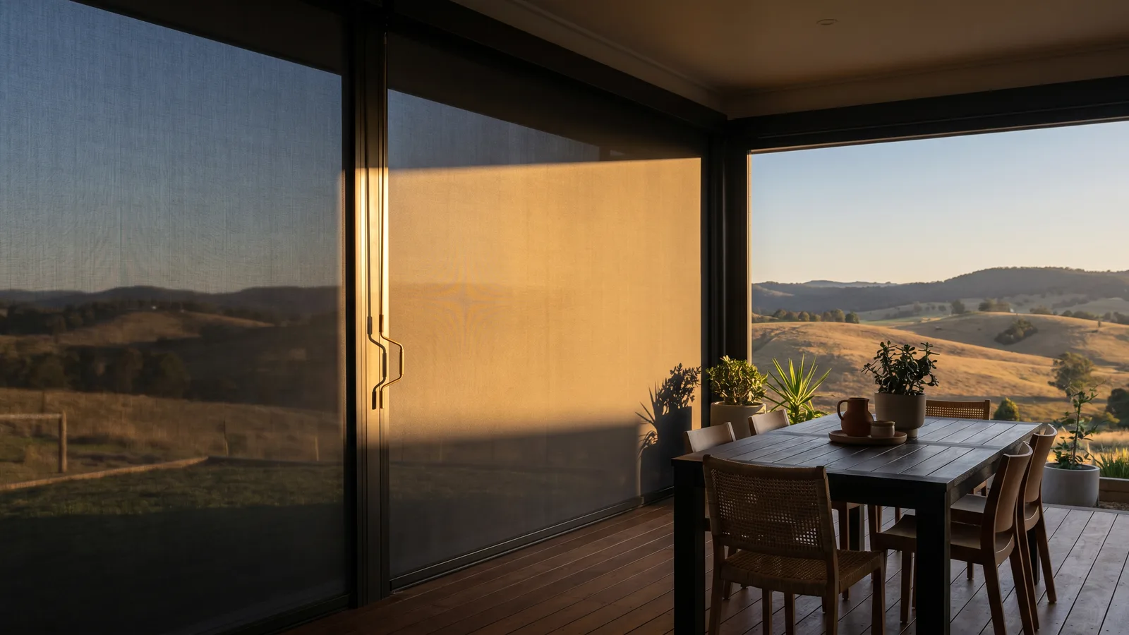 Covered alfresco area with track-guided outdoor mesh blinds lowered against low golden evening sun over Hunter hills