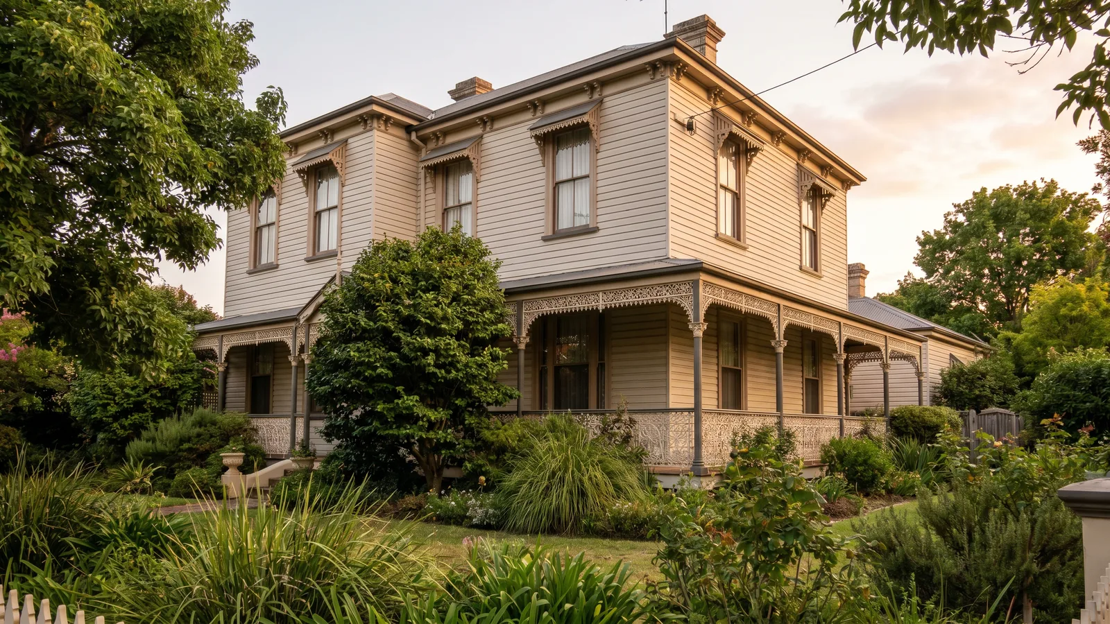 Heritage verandah home with tall period windows and iron lacework