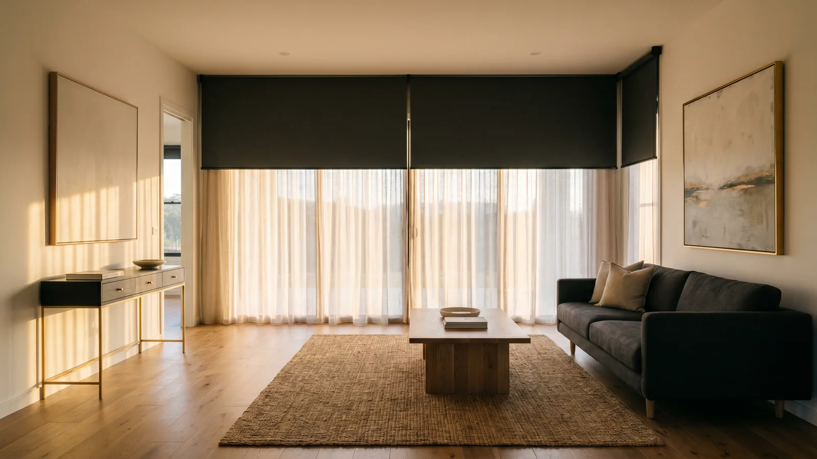 Open-plan living room with blockout roller blinds fitted above sheer curtains, afternoon light coming through the sheers