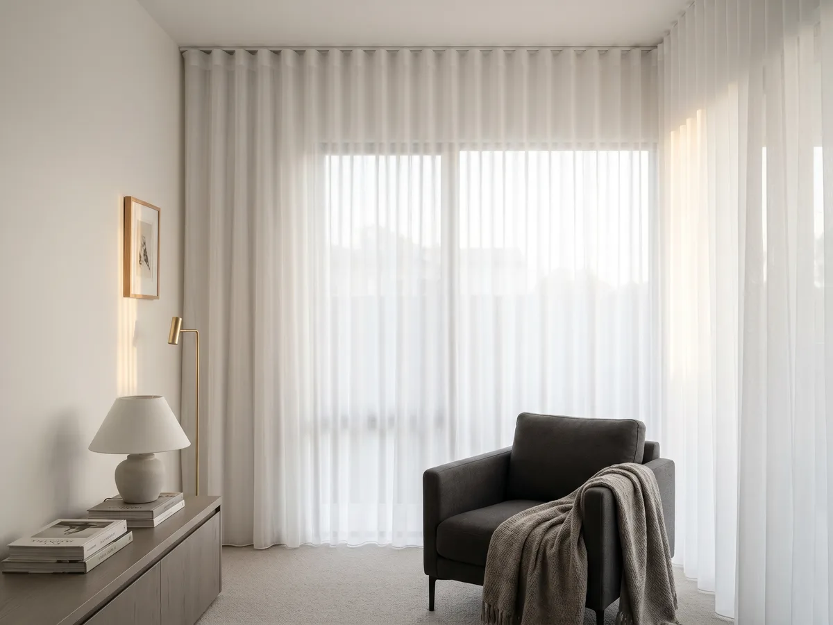 White S-fold sheer curtains on a slim ceiling track diffusing afternoon light in a living room