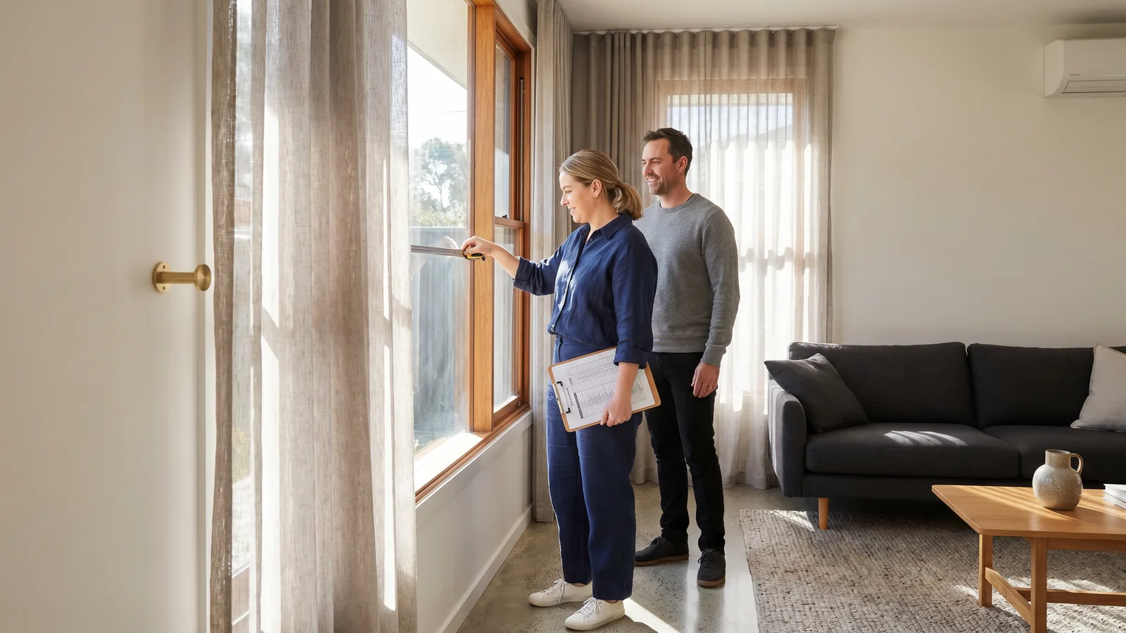 Consultant measuring a window in an established home