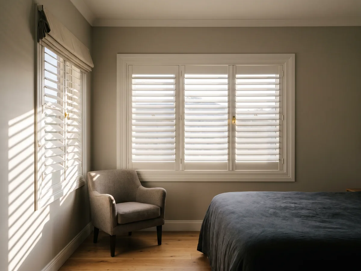 White shutters with louvres half open in an established bedroom