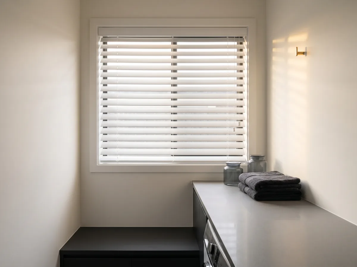 White aluminium venetian blinds tilted down in a bright laundry