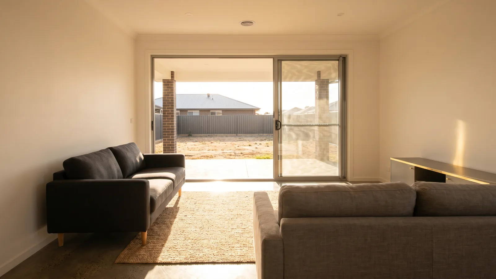 Bare west-facing sliding glass door letting harsh afternoon sun flood a new living room